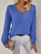 Daphne | Womens Crochet V Neck Knitted Jumper - Royal Blue