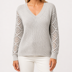 Daphne | Womens Crochet V Neck Knitted Jumper, Silver Grey