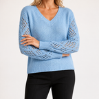 Daphne | Womens Crochet V Neck Knitted Jumper, Sky Blue