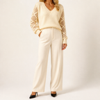 Daphne | Womens Crochet V Neck Knitted Jumper, White Apricot