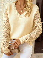 Daphne | Womens Crochet V Neck Knitted Jumper - White Apricot