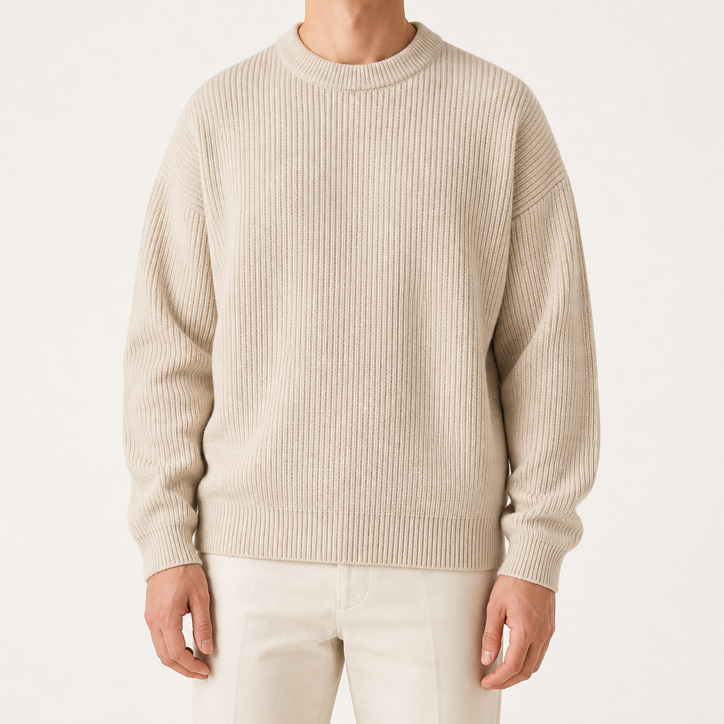 Davis | Mens Heavy Ribbed Knit Sweater Loose Fit Pullover, Apricot