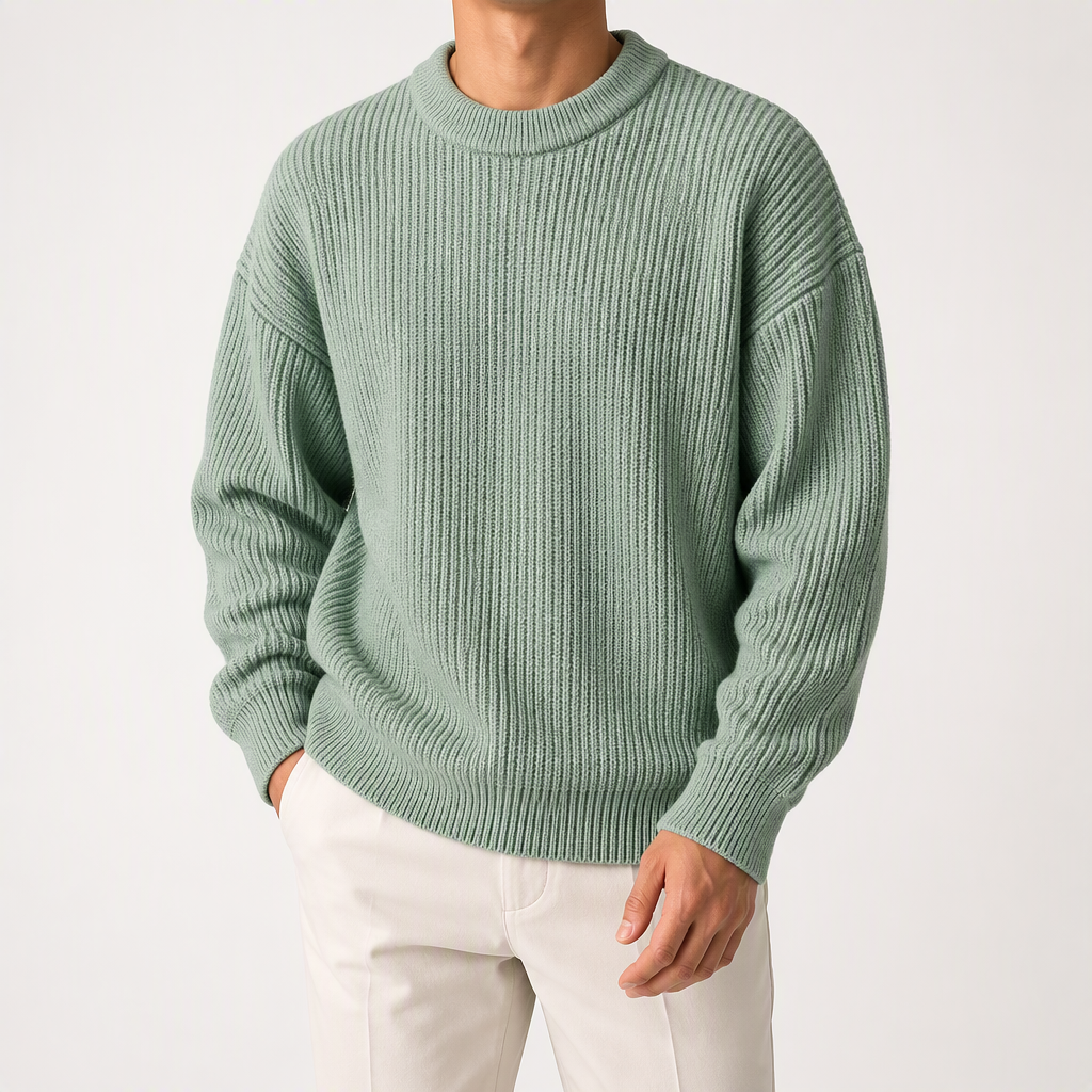 Davis | Mens Heavy Ribbed Knit Sweater Loose Fit Pullover, Green