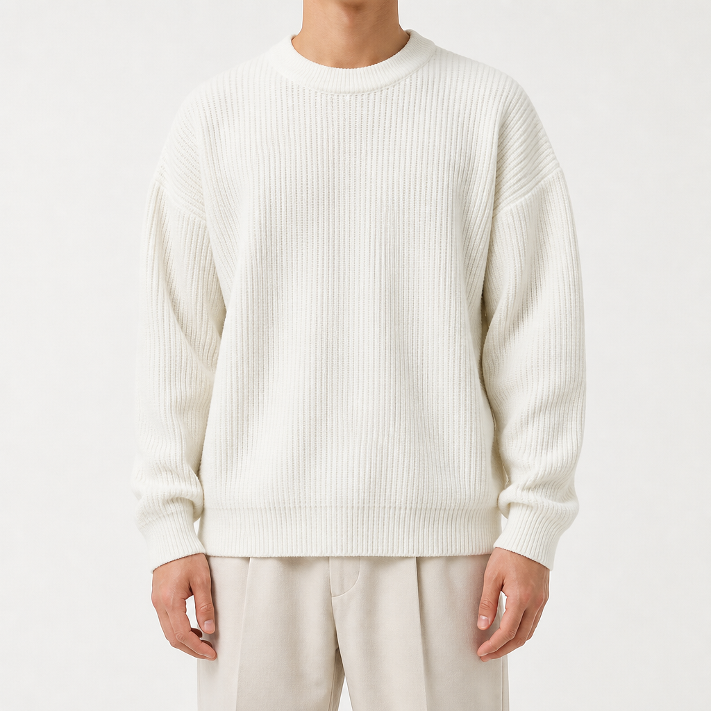 Davis | Mens Heavy Ribbed Knit Sweater Loose Fit Pullover, White