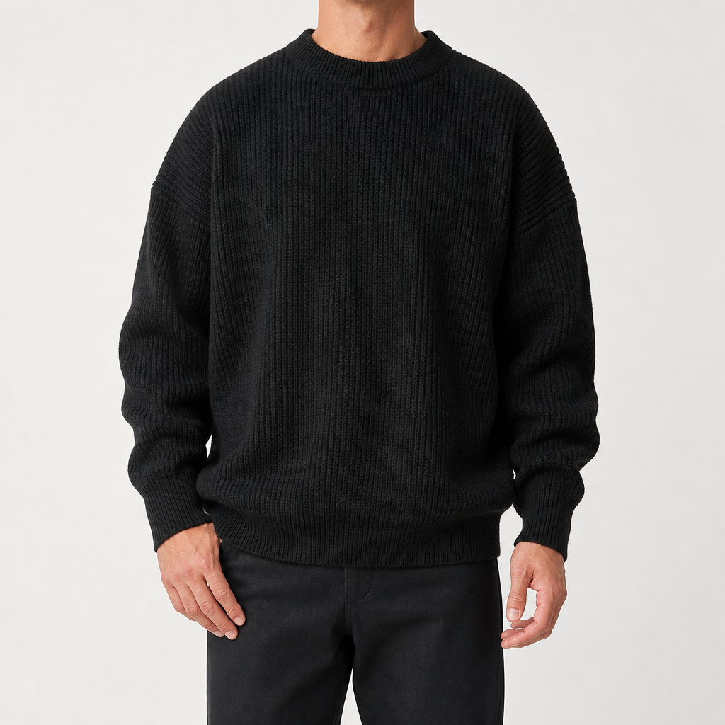 Davis | Mens Heavy Ribbed Knit Sweater Loose Fit Pullover, Black