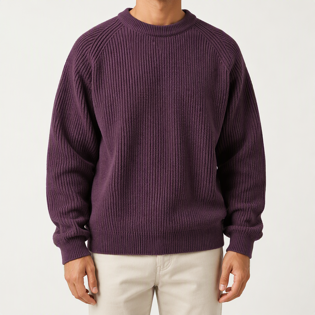 Davis | Mens Heavy Ribbed Knit Sweater Loose Fit Pullover, Purple