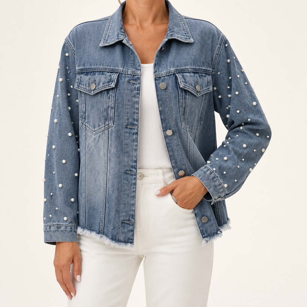 Dayna | Womens Hooded Beaded Denim Jacket, Blue