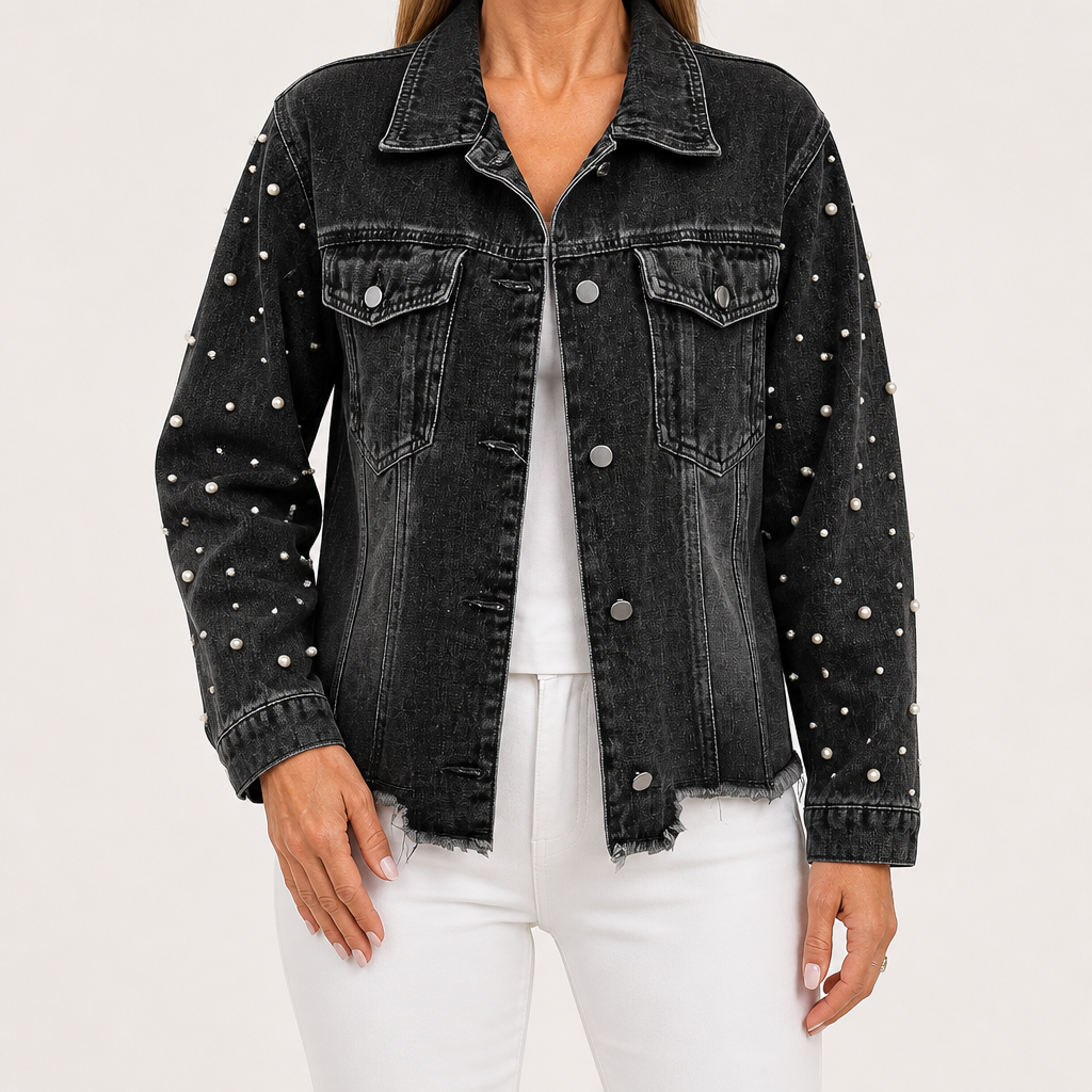 Dayna | Womens Hooded Beaded Denim Jacket, Charcoal Grey