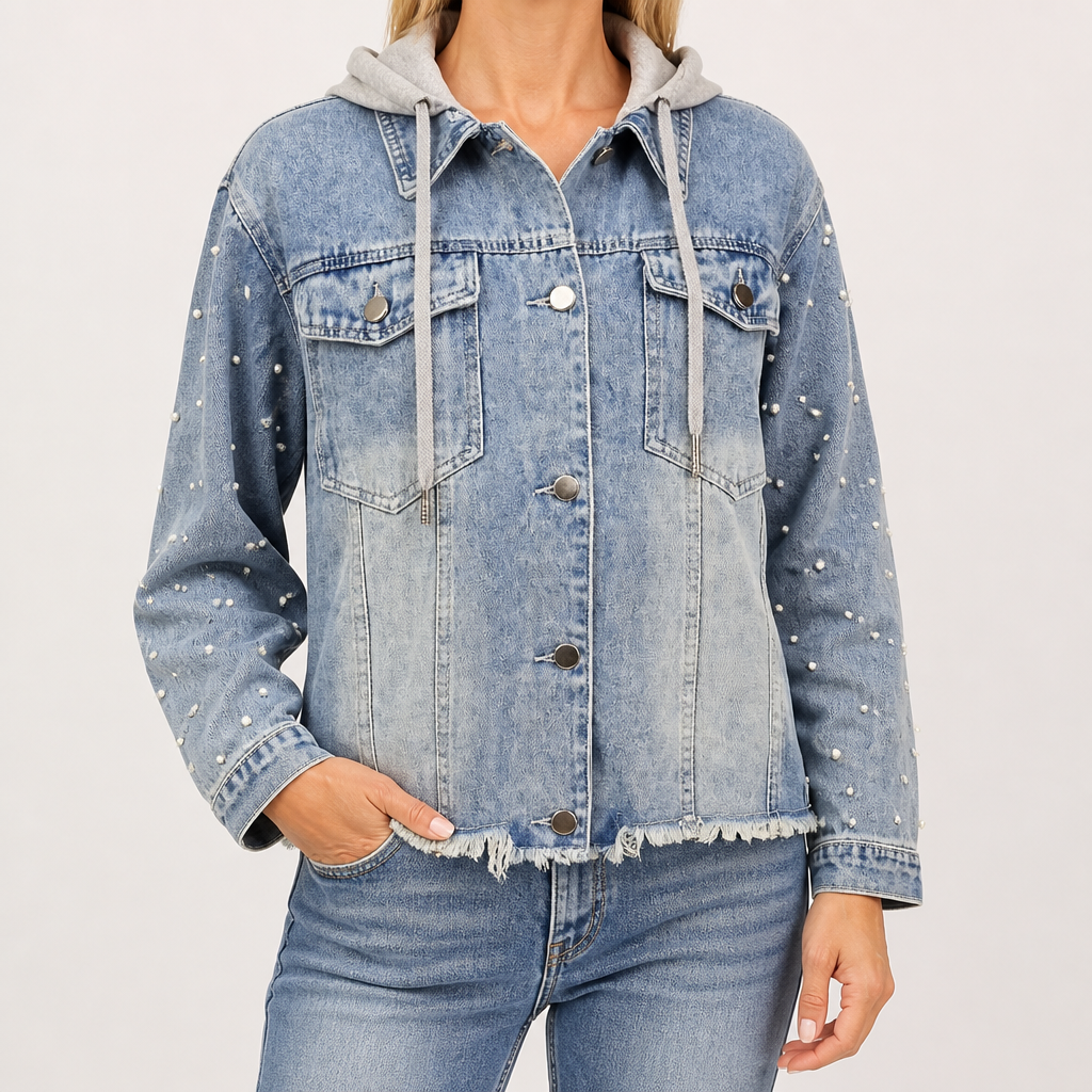Dayna | Womens Hooded Beaded Denim Jacket, Blue 2