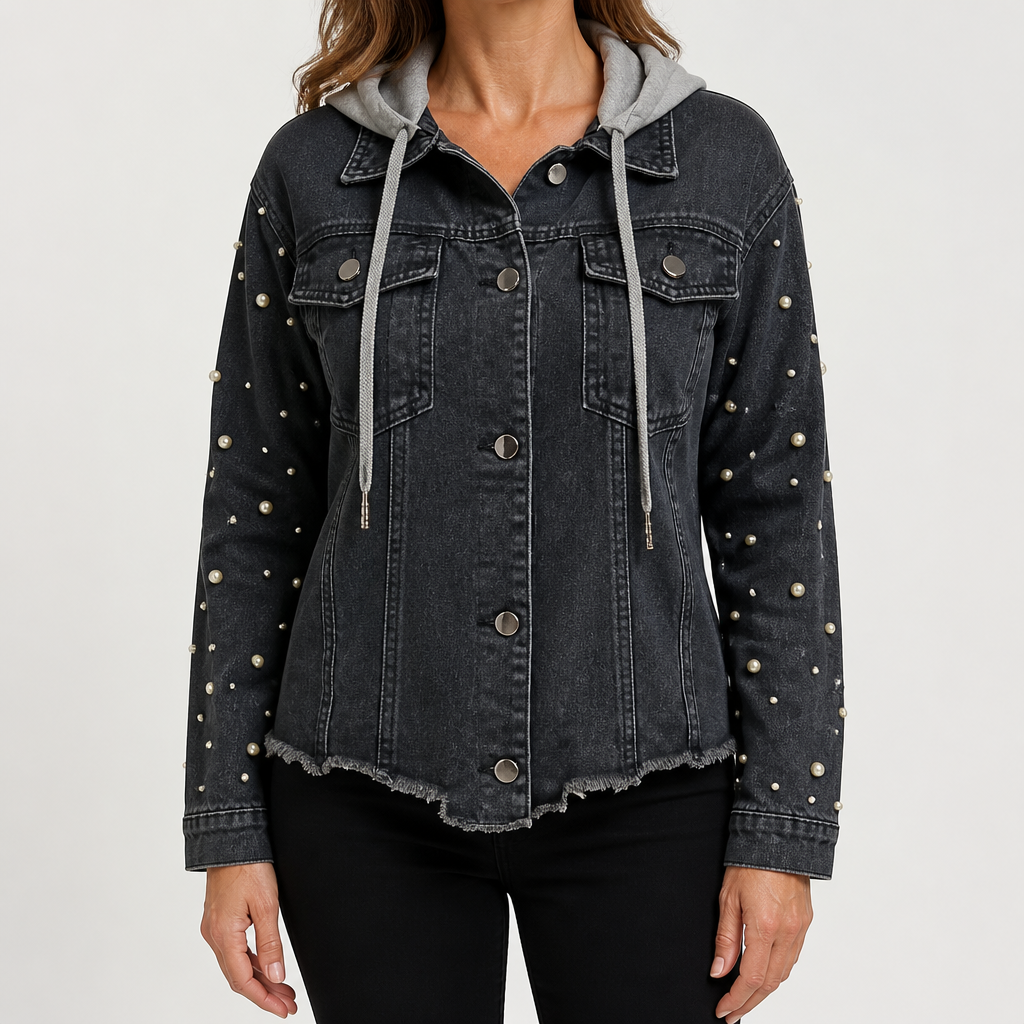 Dayna | Womens Hooded Beaded Denim Jacket, Charcoal Grey 2