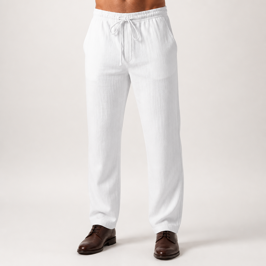 Deacon | Mens Linen Straight Leg Breathable Lightweight Casual Summer Pants, White