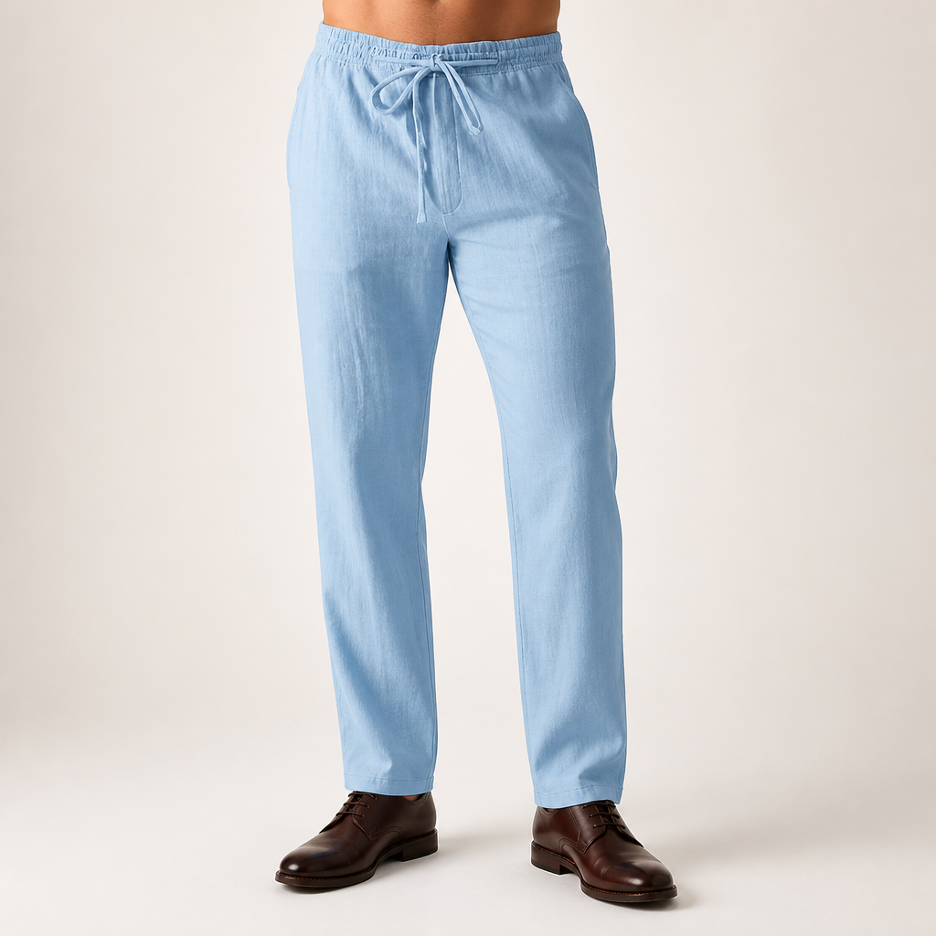 Deacon | Mens Linen Straight Leg Breathable Lightweight Casual Summer Pants, Light Blue