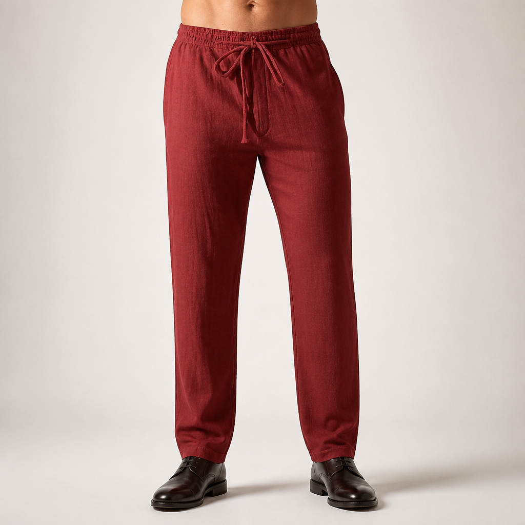 Deacon | Mens Linen Straight Leg Breathable Lightweight Casual Summer Pants, Burgundy