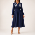 Deanne | Womens Fall Wedding Guest Long Sleeve Embroidered A Line Midi Dress, Navy Blue