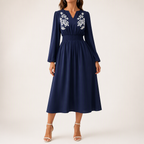 Deanne | Womens Fall Wedding Guest Long Sleeve Embroidered A Line Midi Dress, Navy Blue