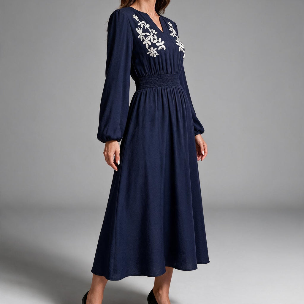 Deanne | Womens Fall Wedding Guest Long Sleeve Embroidered A Line Midi Dress