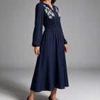 Deanne | Womens Fall Wedding Guest Long Sleeve Embroidered A Line Midi Dress