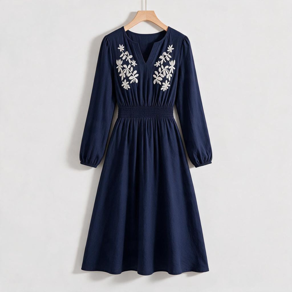 Deanne | Womens Fall Wedding Guest Long Sleeve Embroidered A Line Midi Dress