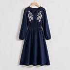 Deanne | Womens Fall Wedding Guest Long Sleeve Embroidered A Line Midi Dress