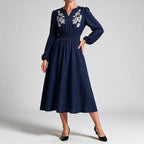 Deanne | Womens Fall Wedding Guest Long Sleeve Embroidered A Line Midi Dress