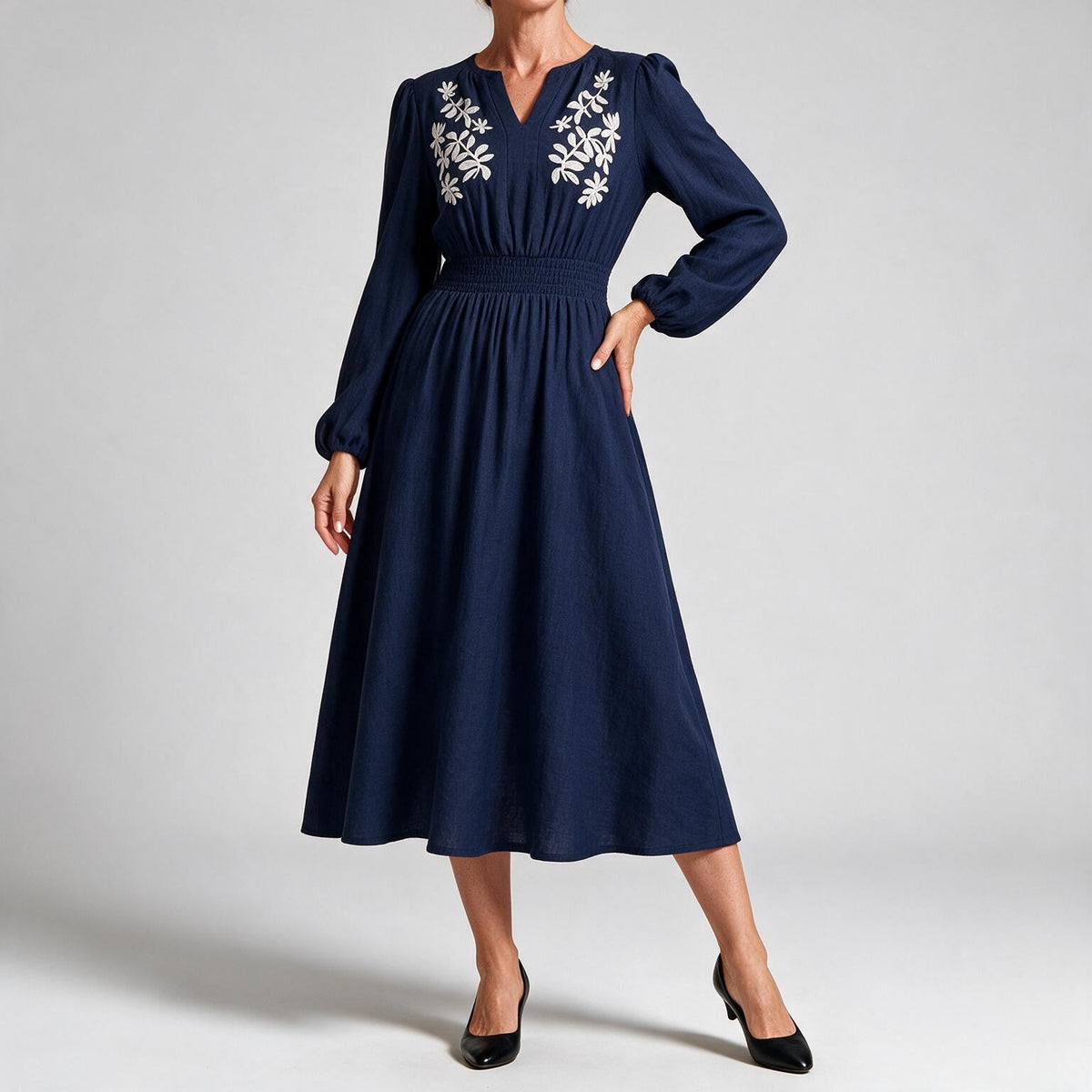 Deanne | Womens Fall Wedding Guest Long Sleeve Embroidered A Line Midi Dress