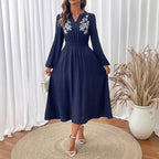 Deanne | Womens Fall Wedding Guest Long Sleeve Embroidered A Line Midi Dress