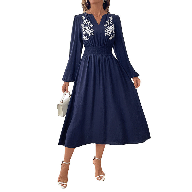 Deanne | Womens Fall Wedding Guest Long Sleeve Embroidered A Line Midi Dress, Navy Blue