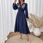 Deanne | Womens Fall Wedding Guest Long Sleeve Embroidered A Line Midi Dress