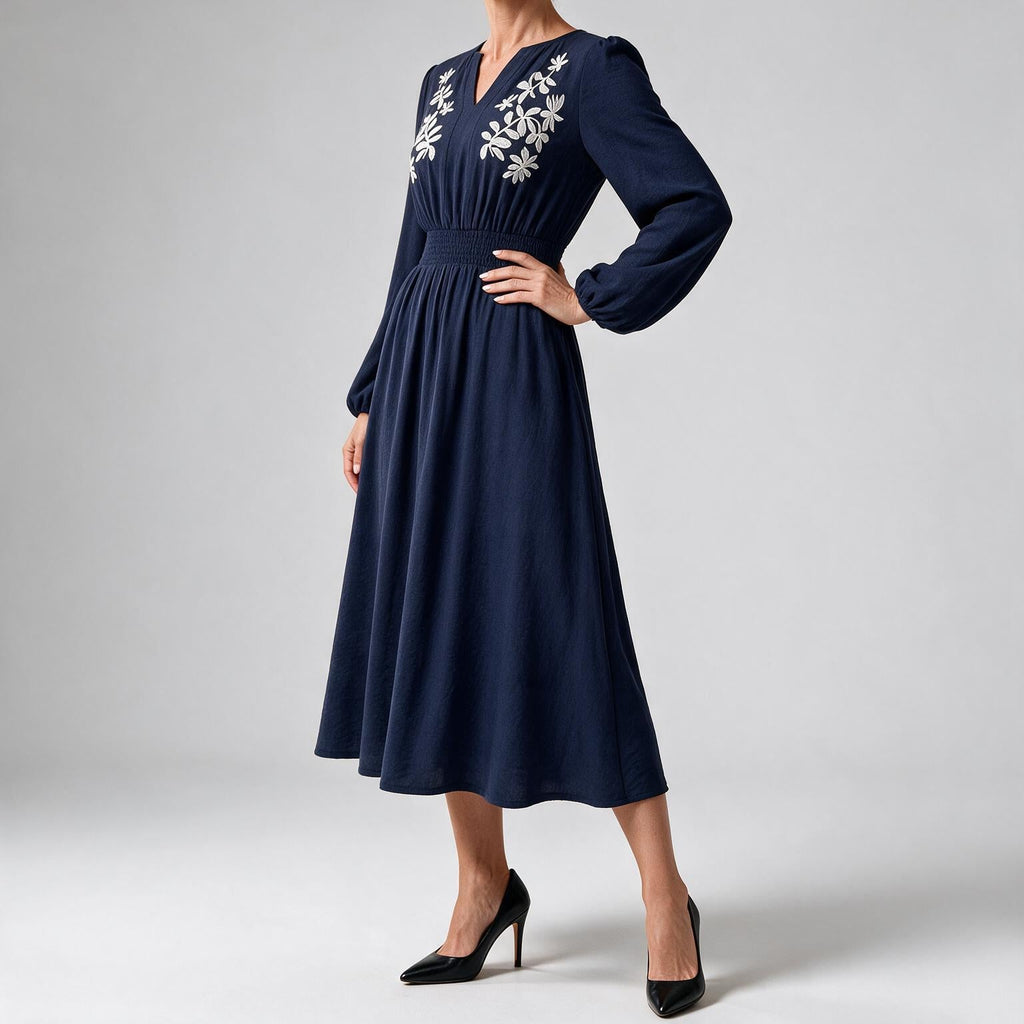 Deanne | Womens Fall Wedding Guest Long Sleeve Embroidered A Line Midi Dress