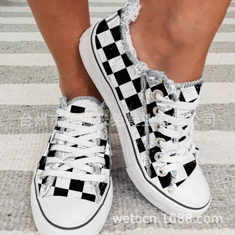 Delia | Womens Printed Canvas Lace Up On Flat Shoes - 10