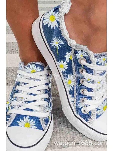 Delia | Womens Printed Canvas Lace Up On Flat Shoes - 7