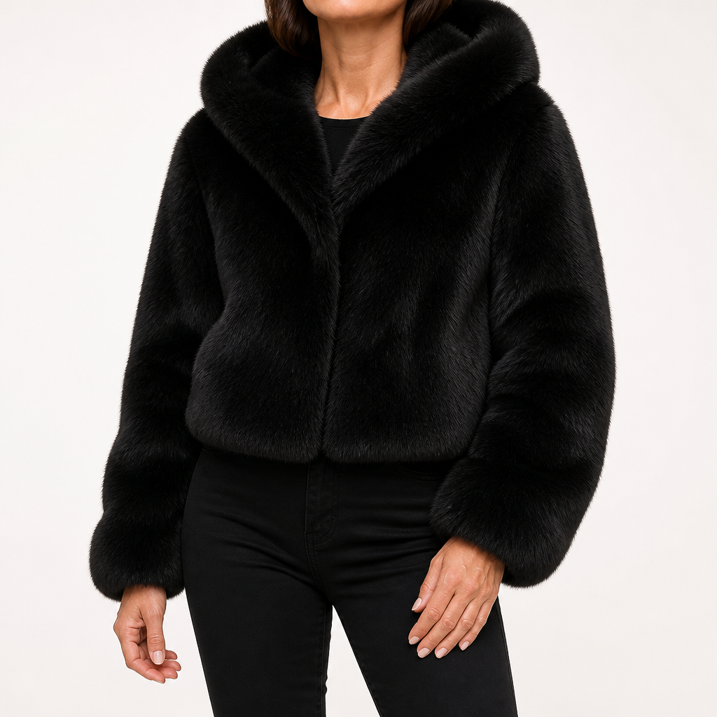 Delilah | Womens Faux Fur Hooded Fluffy Cropped Teddy Winter Coat, Black