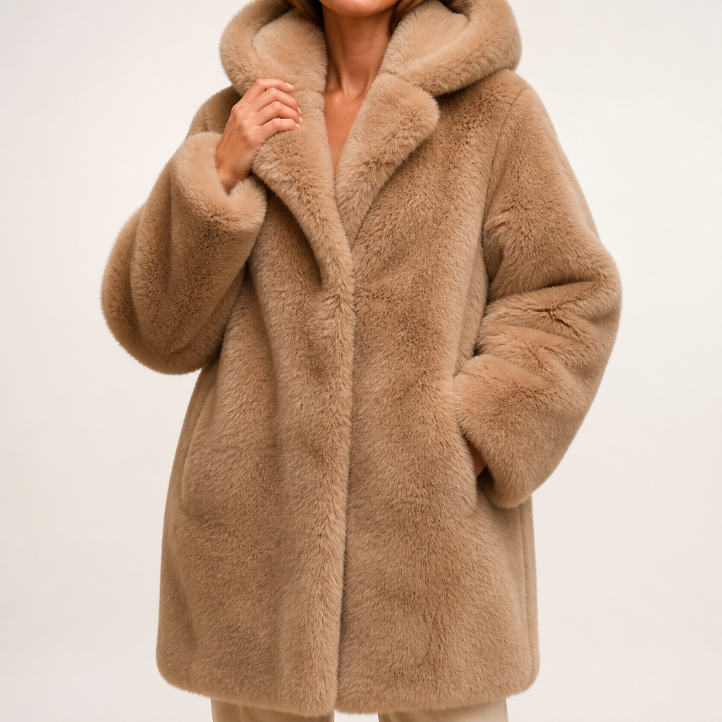 Delilah | Womens Faux Fur Hooded Fluffy Cropped Teddy Winter Coat, Light Brown