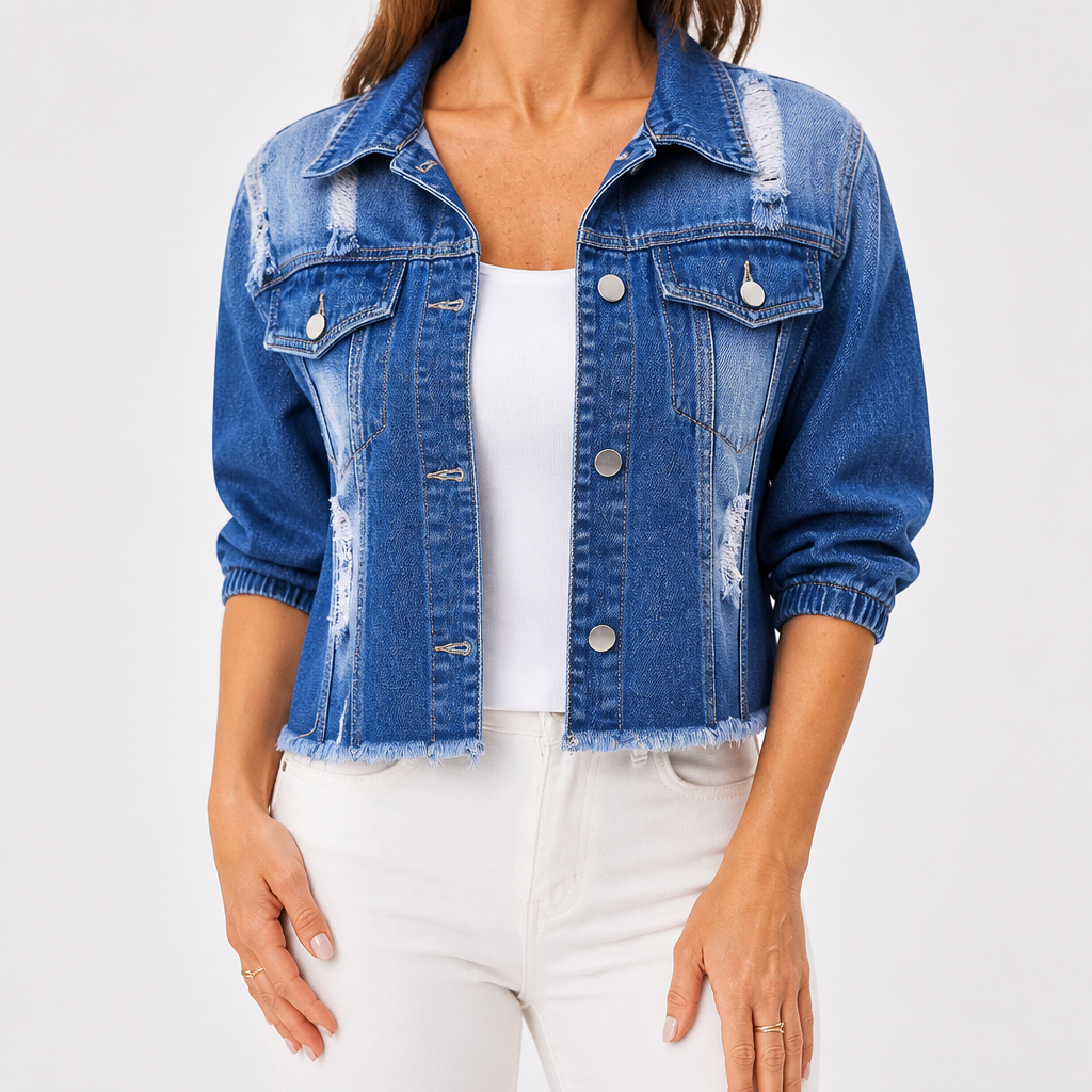 Delores | Womens Slim Fitted Puff Sleeve Washed Denim Jacket, Blue