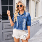 Delores | Womens Slim Fitted Puff Sleeve Washed Denim Jacket