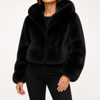 Delphine | Womens Faux Fur Coat Winter Coats Hooded Fluffy Teddy Cropped Jacket, Black