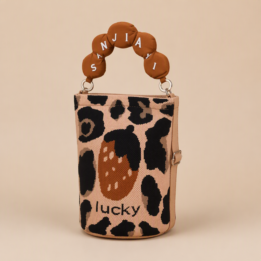 Denise | Womens Knitted Bucket Bag Crossbody Purse Shoulder Handbag, Leopard