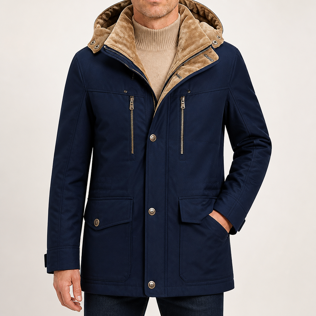 Derek | Mens Fleece Lined Hooded Warm Padded Mid Length Winter Parka Coat, Blue