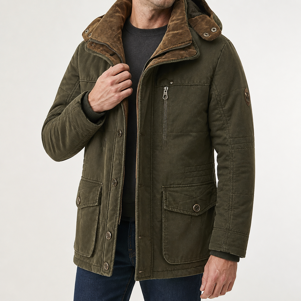 Derek | Mens Fleece Lined Hooded Warm Padded Mid Length Winter Parka Coat, Green