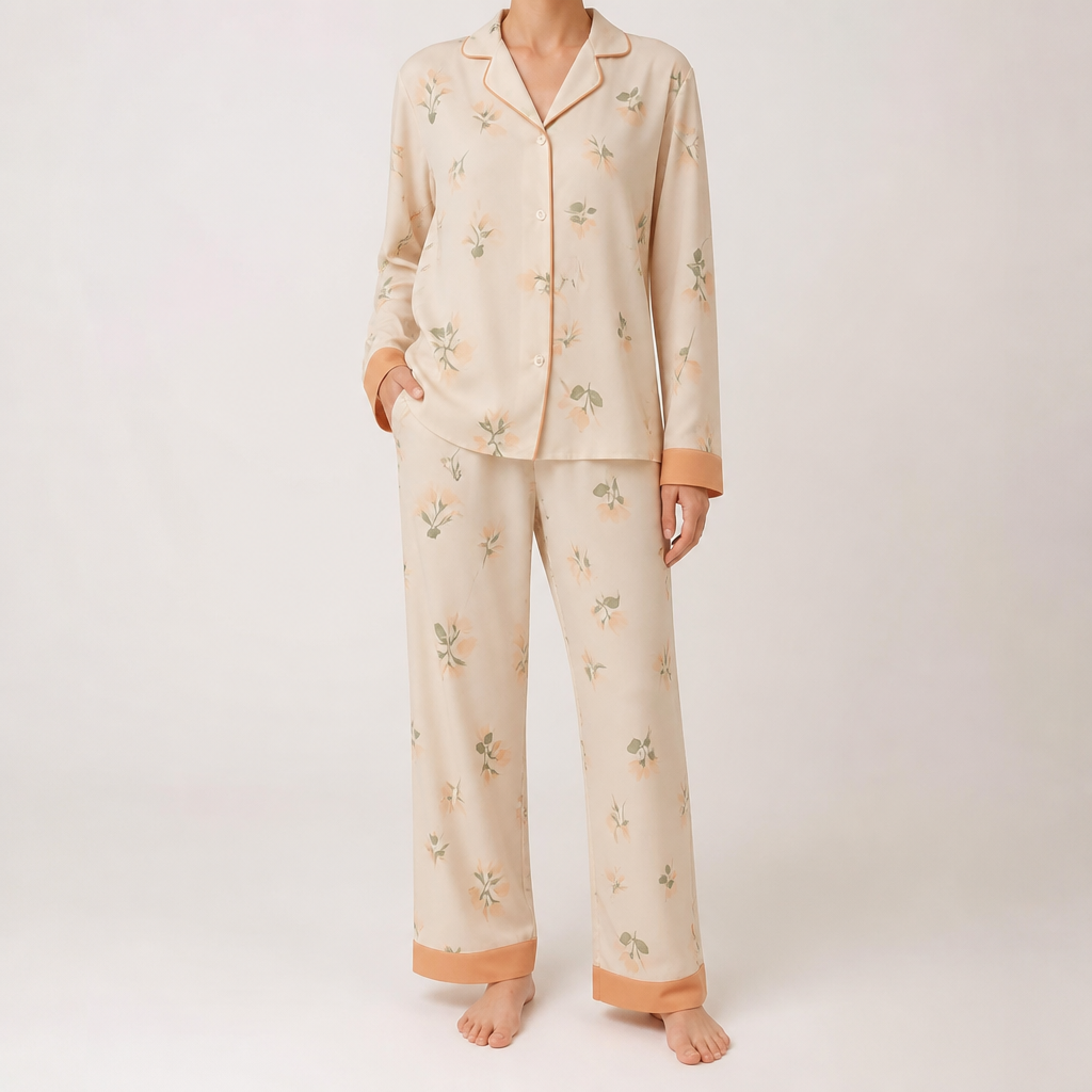 Desiree | Womens Cotton Long Sleeve Pajama Set, Beige