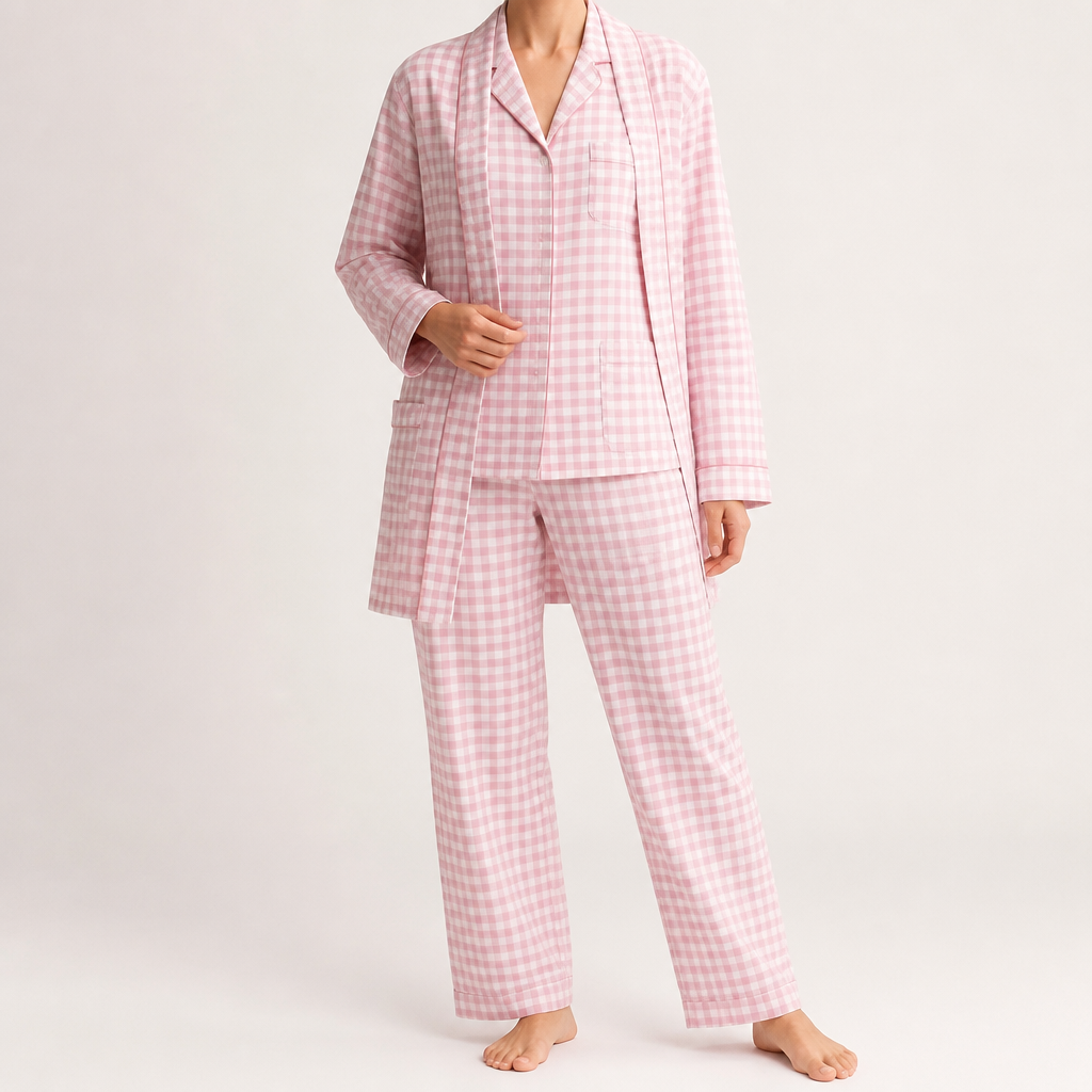 Desiree | Womens Cotton Long Sleeve Pajama Set, Pink Check