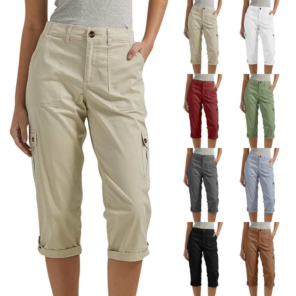 Diane | Womens Elastic Waist Multi Pocket Cropped Cargo Pants