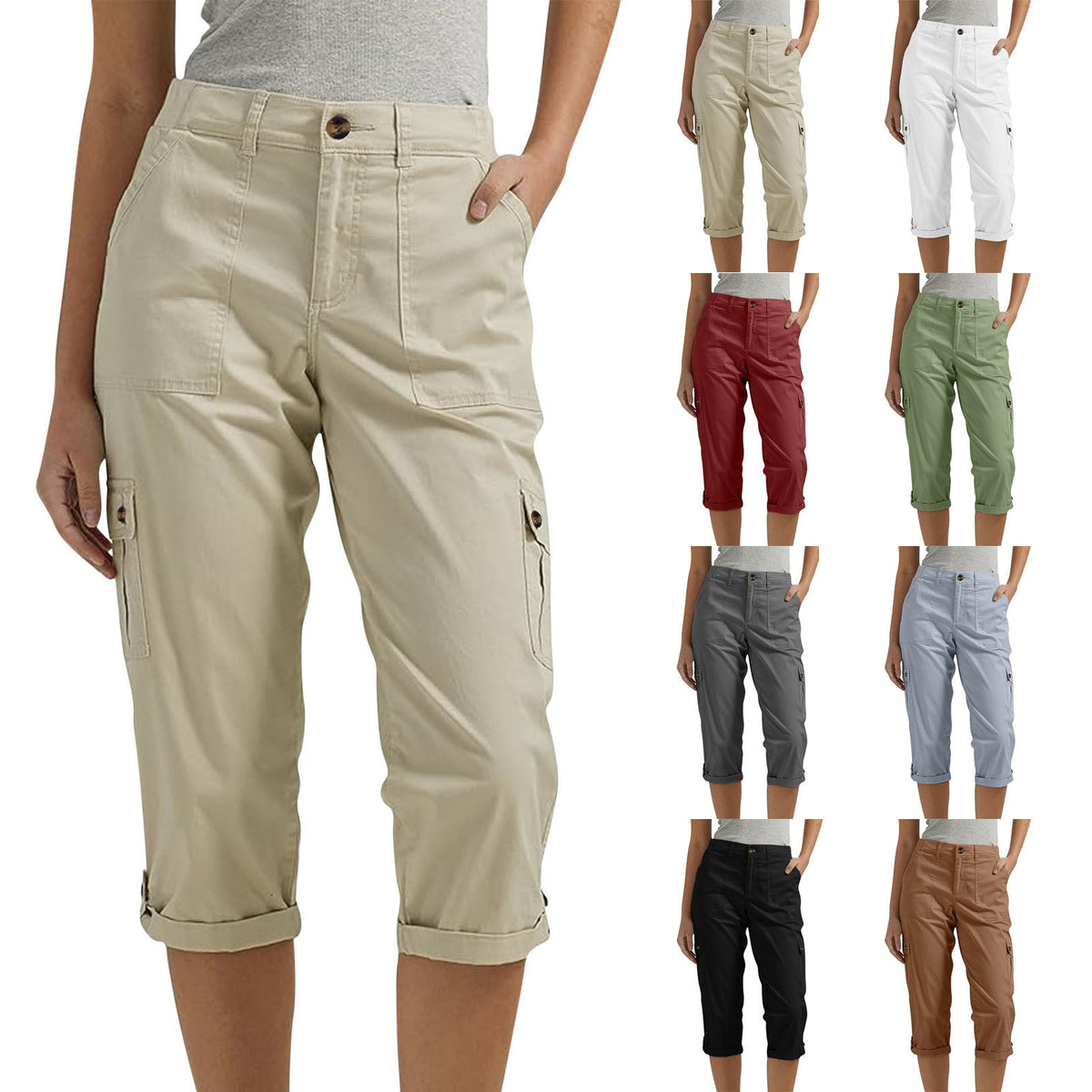 Diane | Womens Elastic Waist Multi Pocket Cropped Cargo Pants