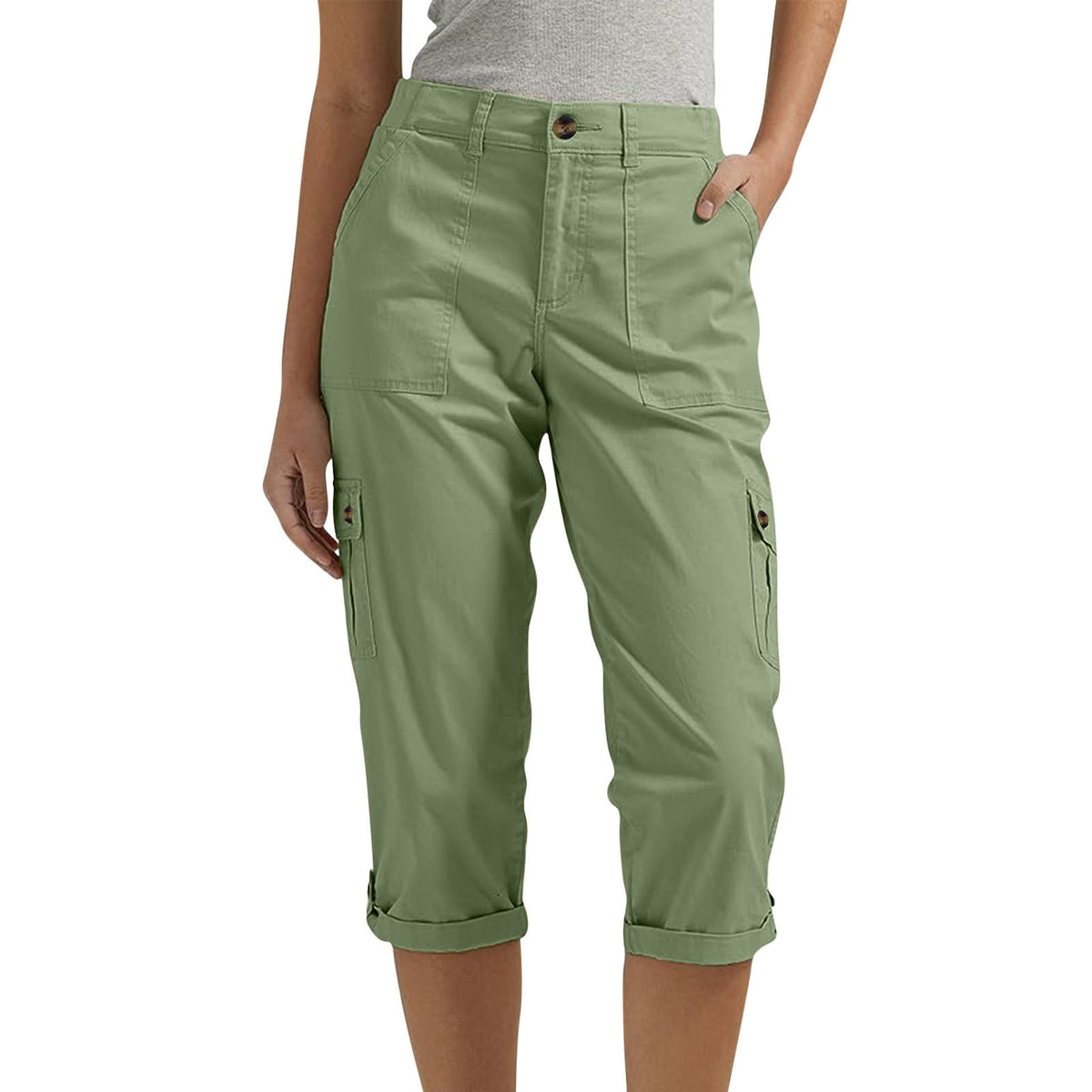 Diane | Womens Elastic Waist Multi Pocket Cropped Cargo Pants