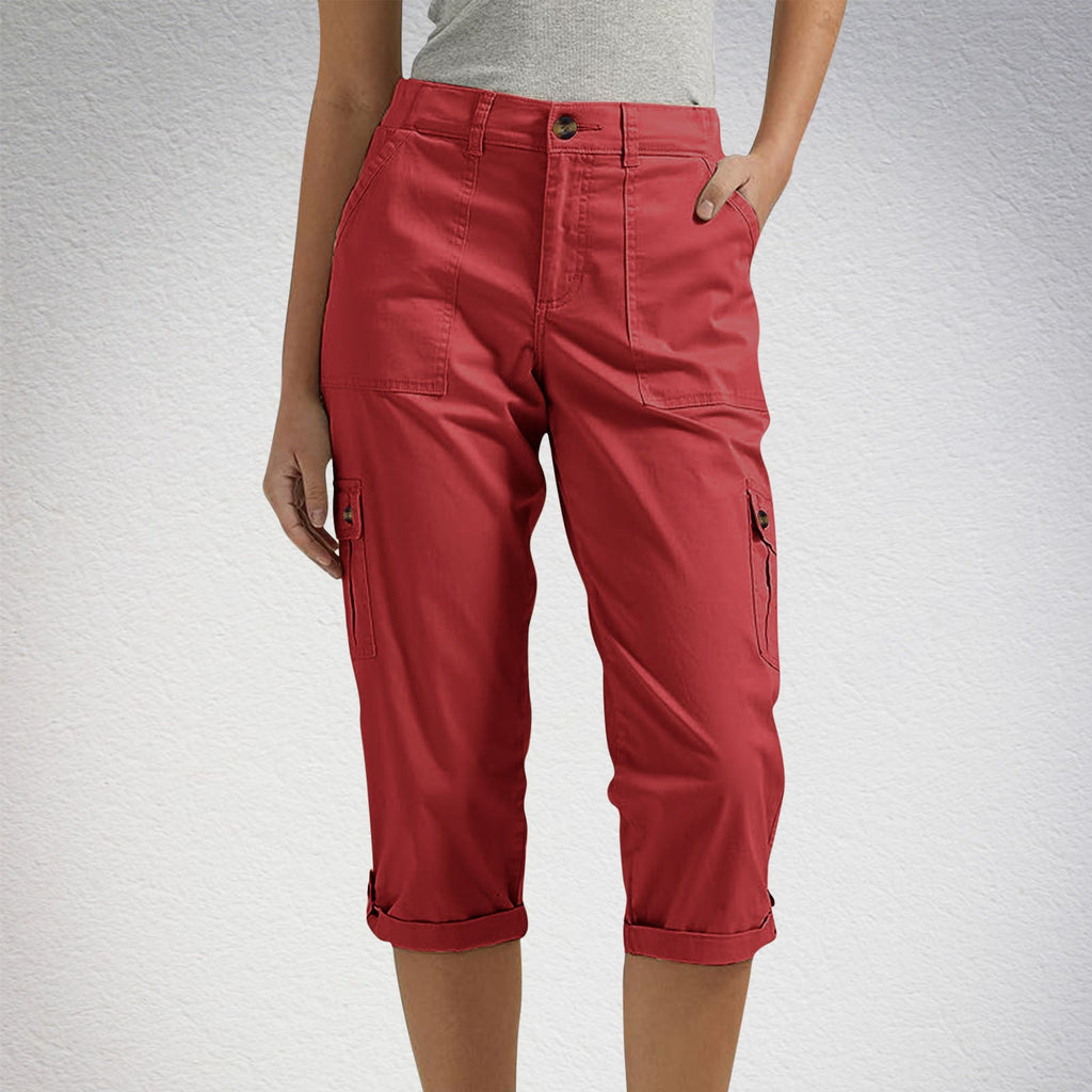 Diane | Womens Elastic Waist Multi Pocket Cropped Cargo Pants