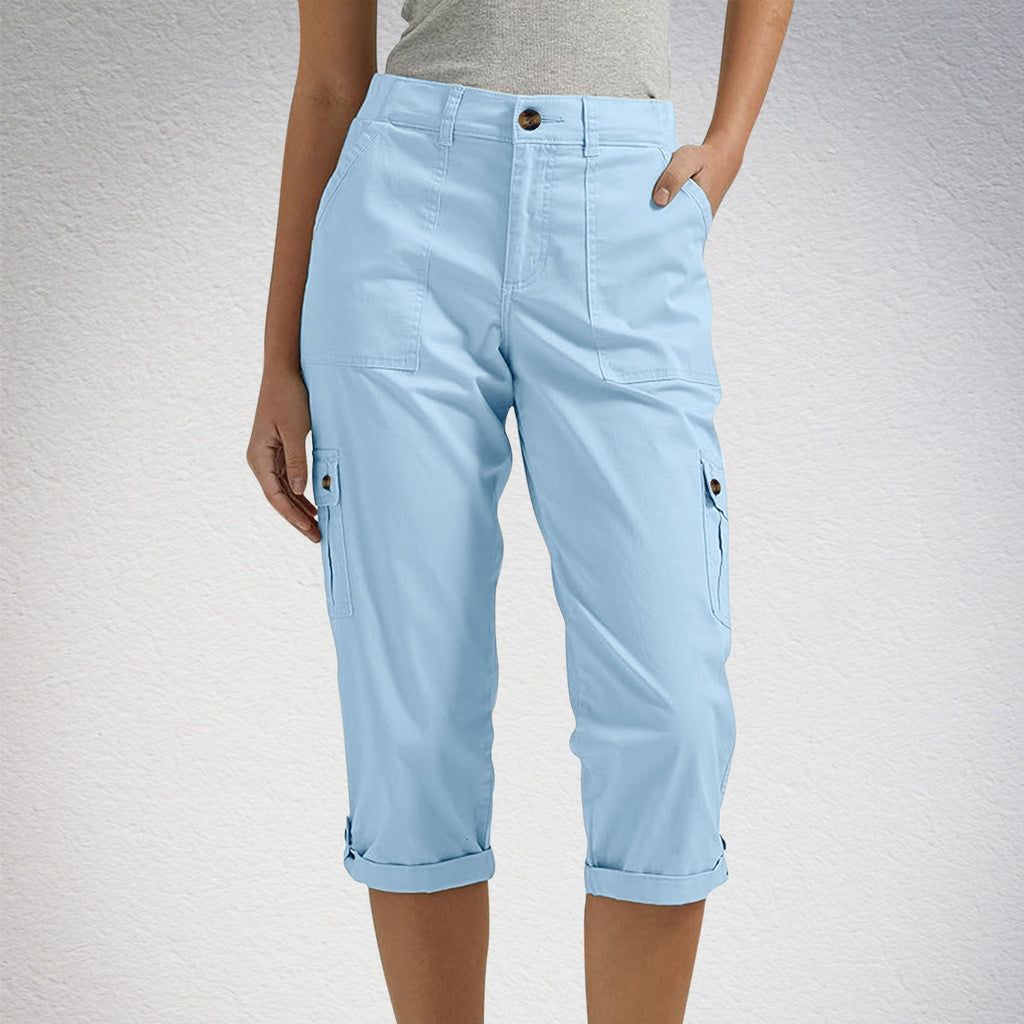 Diane | Womens Elastic Waist Multi Pocket Cropped Cargo Pants