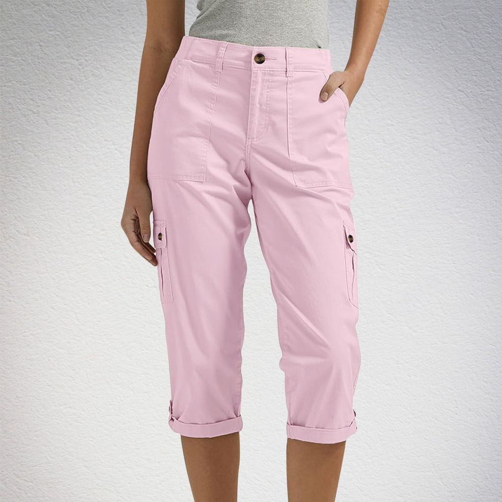 Diane | Womens Elastic Waist Multi Pocket Cropped Cargo Pants