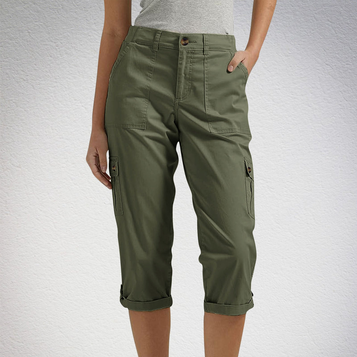 Diane | Womens Elastic Waist Multi Pocket Cropped Cargo Pants