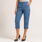 Diane | Womens Elastic Waist Multi Pocket Cropped Cargo Pants, Blue