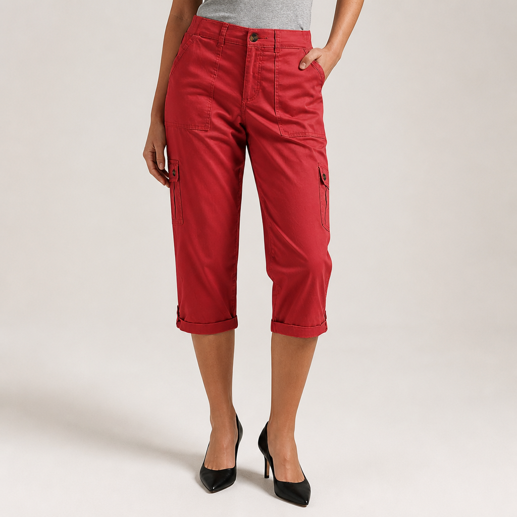 Diane | Womens Elastic Waist Multi Pocket Cropped Cargo Pants, Red